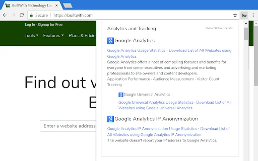 BuiltWith Chrome Extension ڈاؤن لوڈ کریں – ویب سائٹ ٹیکنالوجی جانیں - Screenshot 1